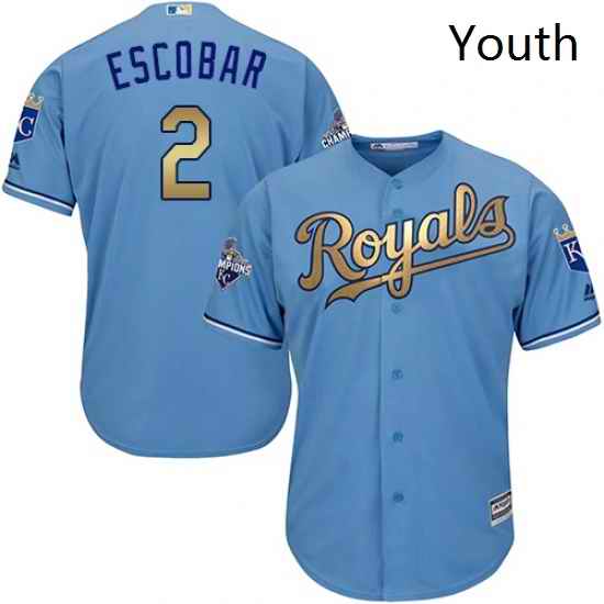 Youth Majestic Kansas City Royals 2 Alcides Escobar Authentic Light Blue 2015 World Series Champions Gold Program Cool Base MLB Jersey